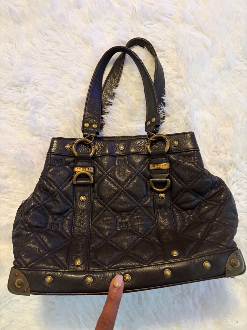 Quilted Black Leather Tote Bag with Brass Hardware